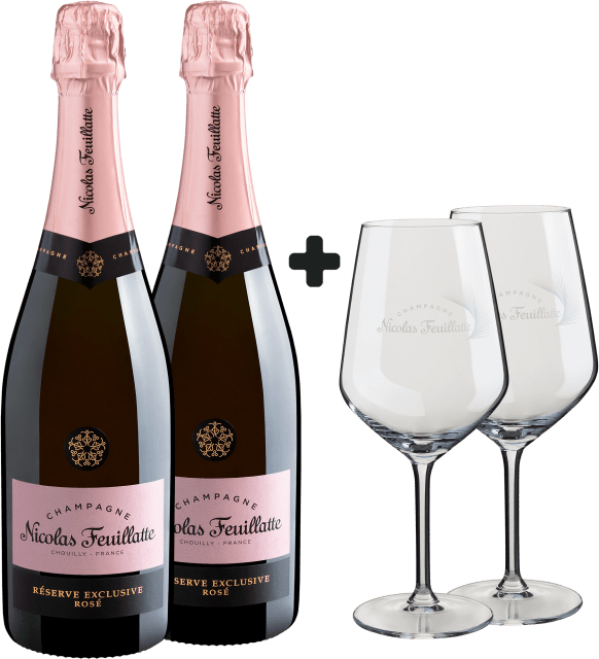 Kit 2 Champagne Nicolas Feuillatte Réserve Exclusive Rosé + 2 Taças de Cristal Grátis