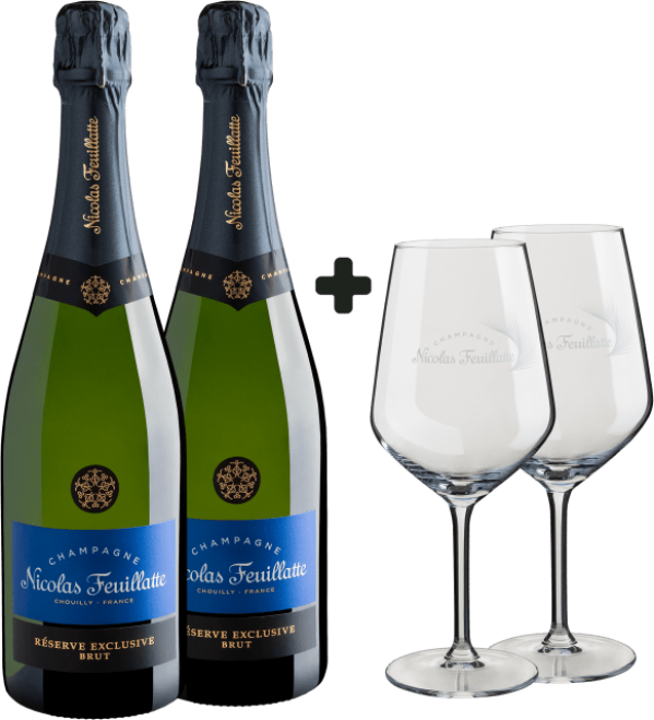 Kit 2 Champagne Nicolas Feuillatte Réserve Exclusive Brut + 2 Taças de Cristal Grátis