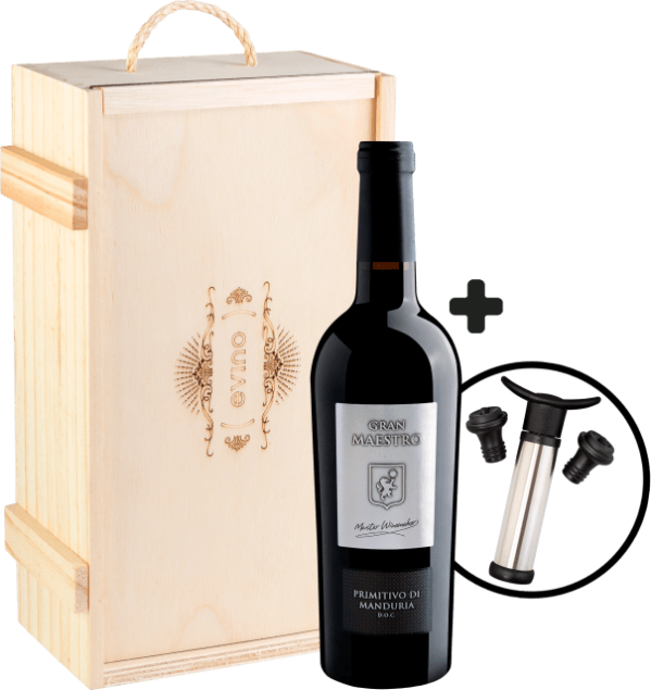 Kit Gran Maestro Primitivo di Manduria DOC + Bomba a Vácuo + Caixa de Madeira